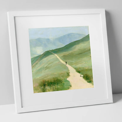 Trail Runner on Helvellyn Path lake district walking art print in white frame