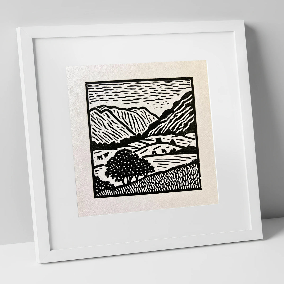 Monochromatic Borrowdale Valley Landscape lake district valley art print in white frame