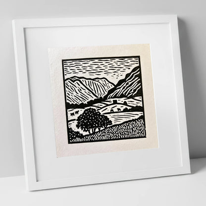 Monochromatic Borrowdale Valley Landscape lake district valley art print in white frame