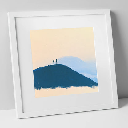 Silhouetted Hikers on Blue Fells lake district fell art print in white frame