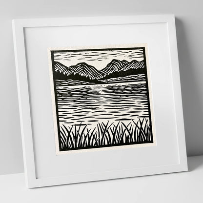 Calm Lake Reflections in Monochrome lake district lake art print in white frame