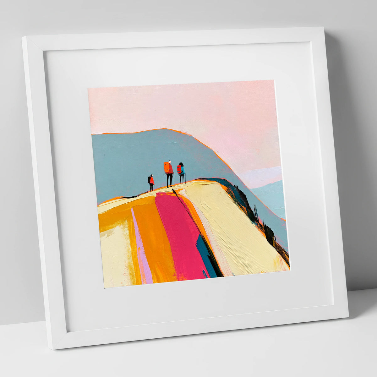 Vibrant Fell Top With Hikers lake district fell art print in white frame