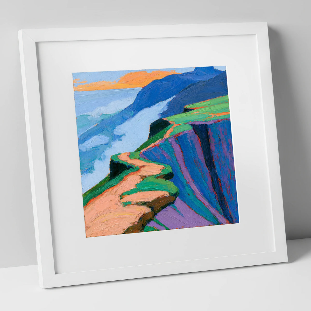 Vibrant Mountain Ridge Path lake district fell art print in white frame