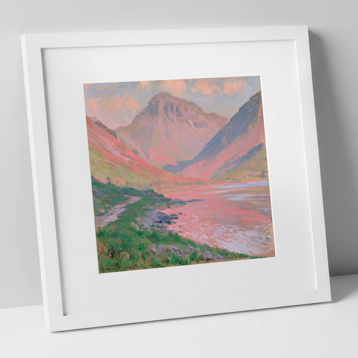 Great Gable in Coral Light lake district fell art print in white frame