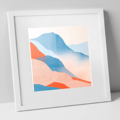 Great Langdale in Blue and Coral lake district valley art print in white frame