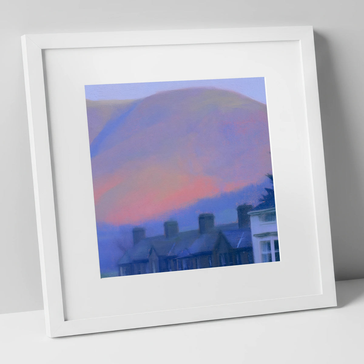 Keswick Terraces and Skiddaw Twilight lake district village art print in white frame