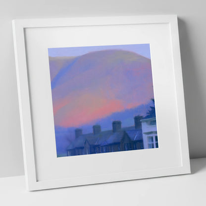 Keswick Terraces and Skiddaw Twilight lake district village art print in white frame