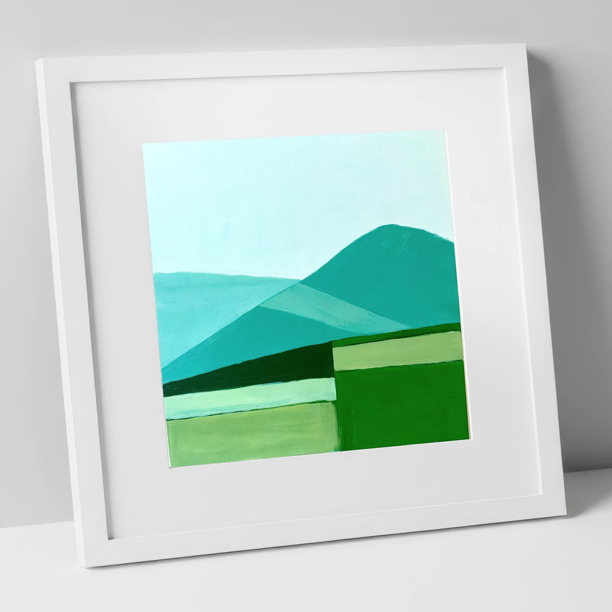 Modern Geometric Blencathra In Teal lake district fell art print in white frame