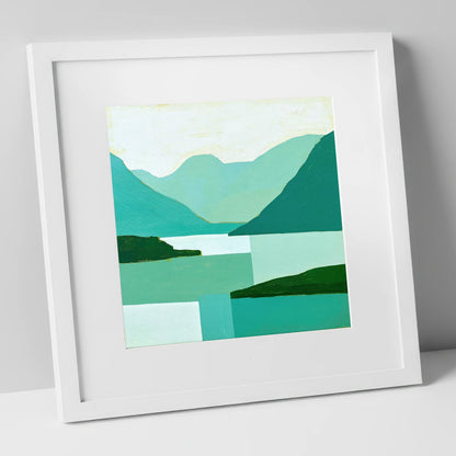 Wasdale Valley in Geometric Teal lake district valley art print in white frame