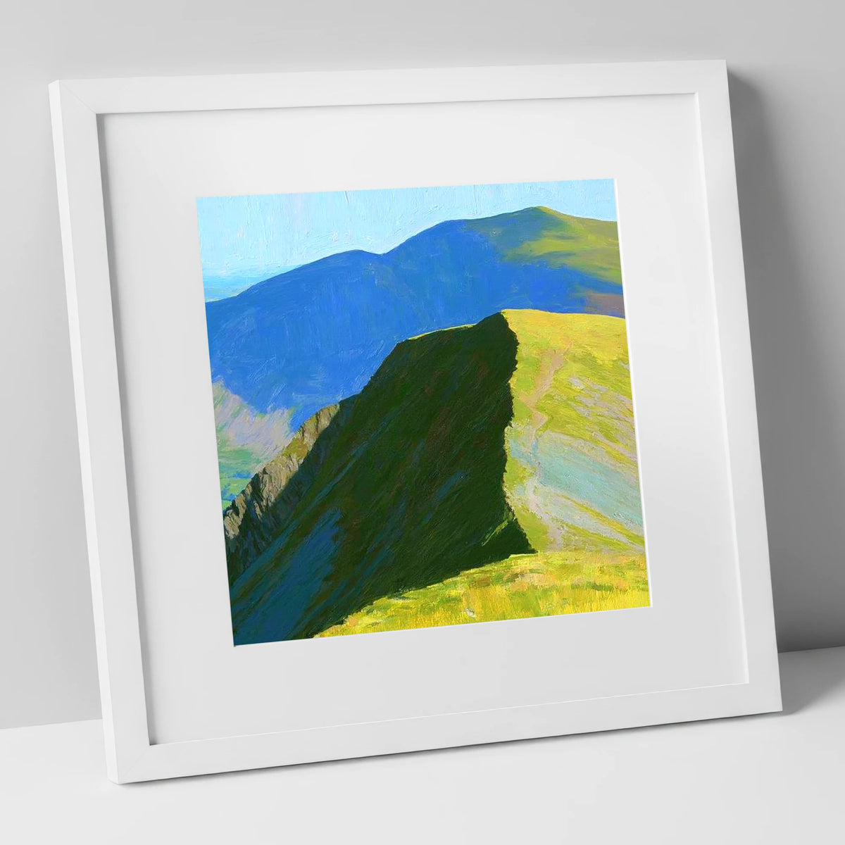 Sunlit Ridge on White Side lake district fell art print in white frame