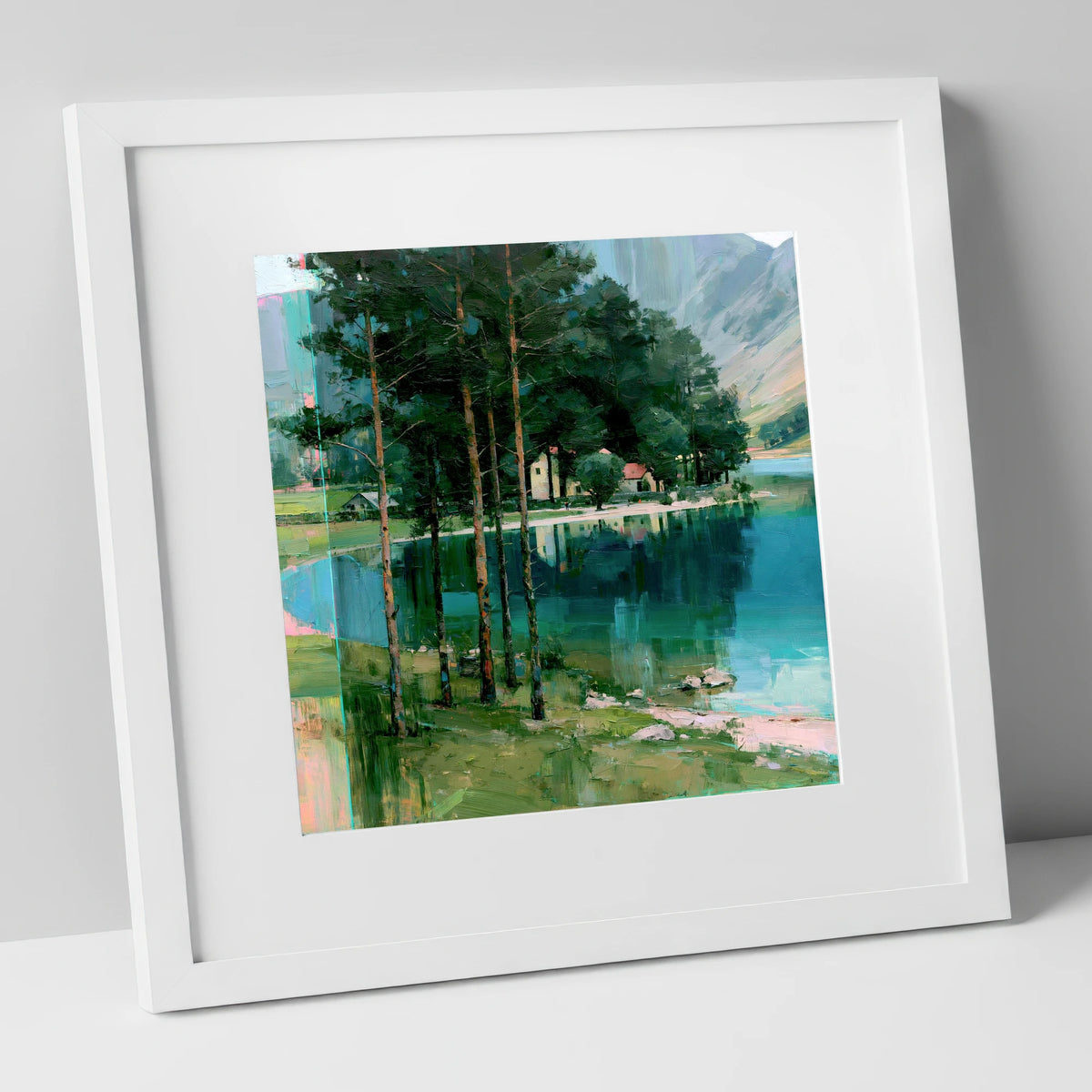 Pine Trees on Buttermere Shoreline lake district lake art print in white frame