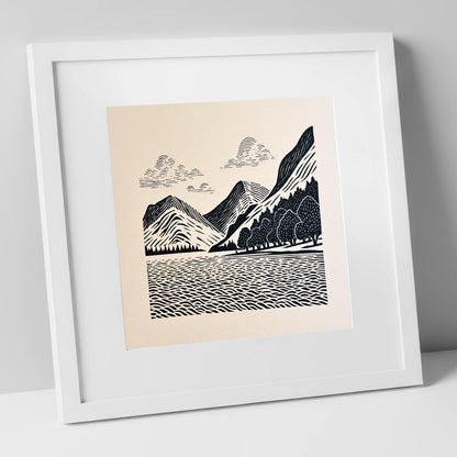 Striking Buttermere Fells and Lake lake district lake art print in white frame