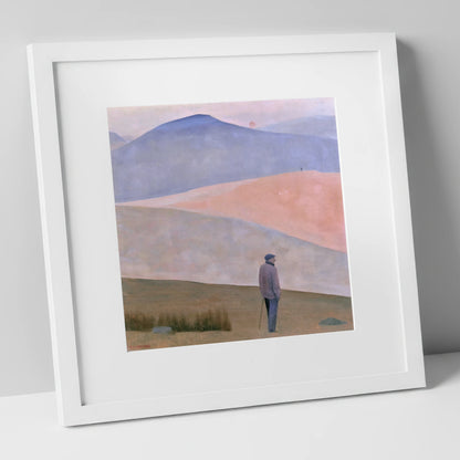 Lone Fell Walker at Dusk lake district walking art print in white frame