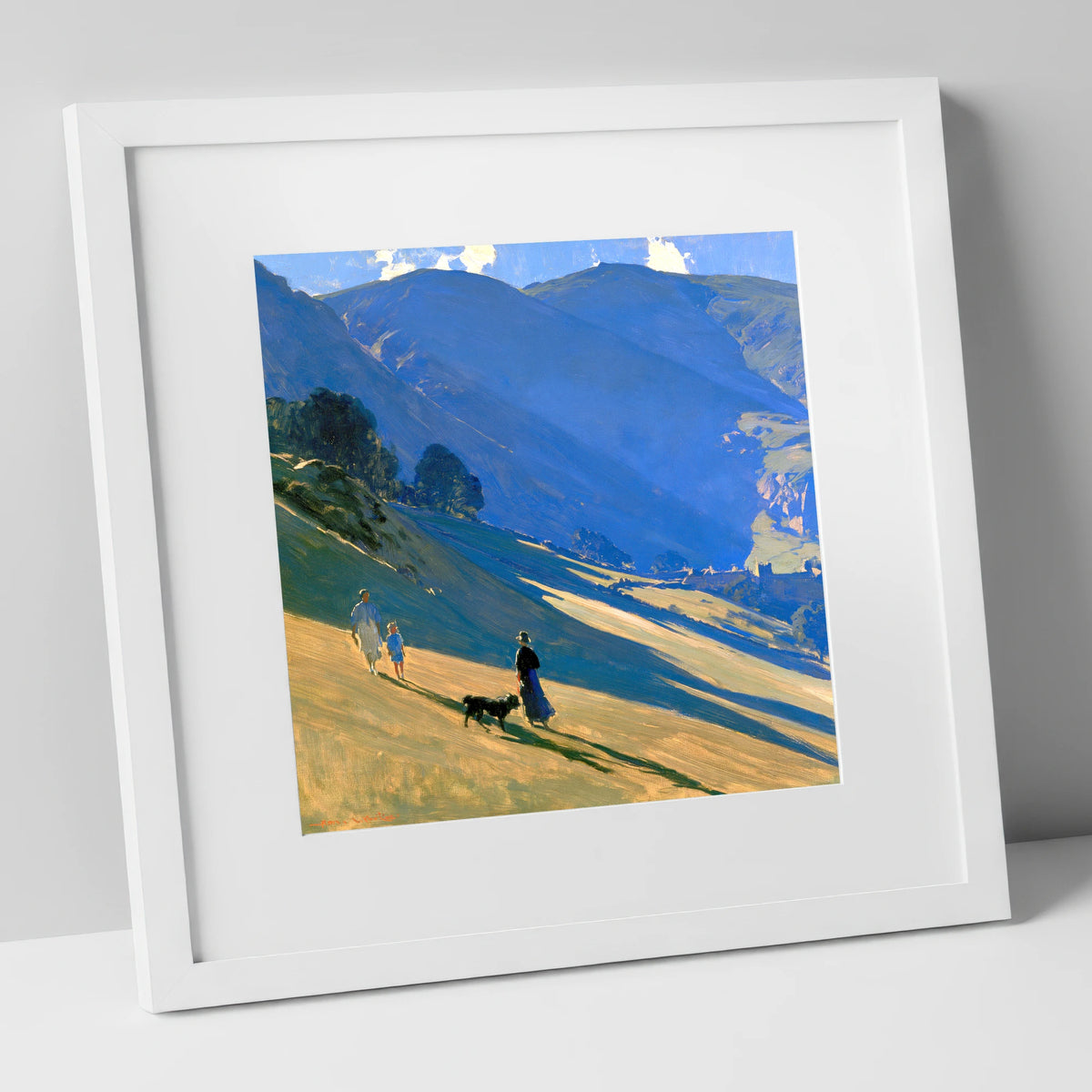 Sunlit Dog Walk at Patterdale gifts for dog walkers art print in white frame