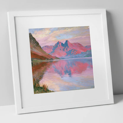 Radiant Sunset at Loweswater lake district lake art print in white frame