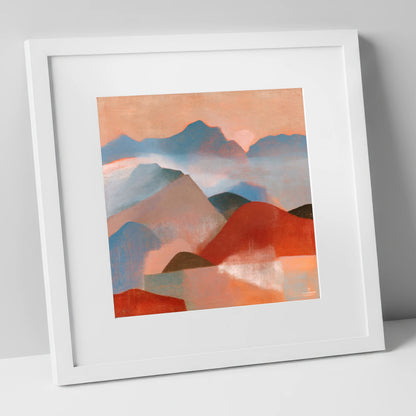 Terracotta and Blue Mountain Ridge lake district fell art print in white frame