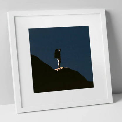 Hiker Silhouette on Dark Fell lake district walking art print in white frame