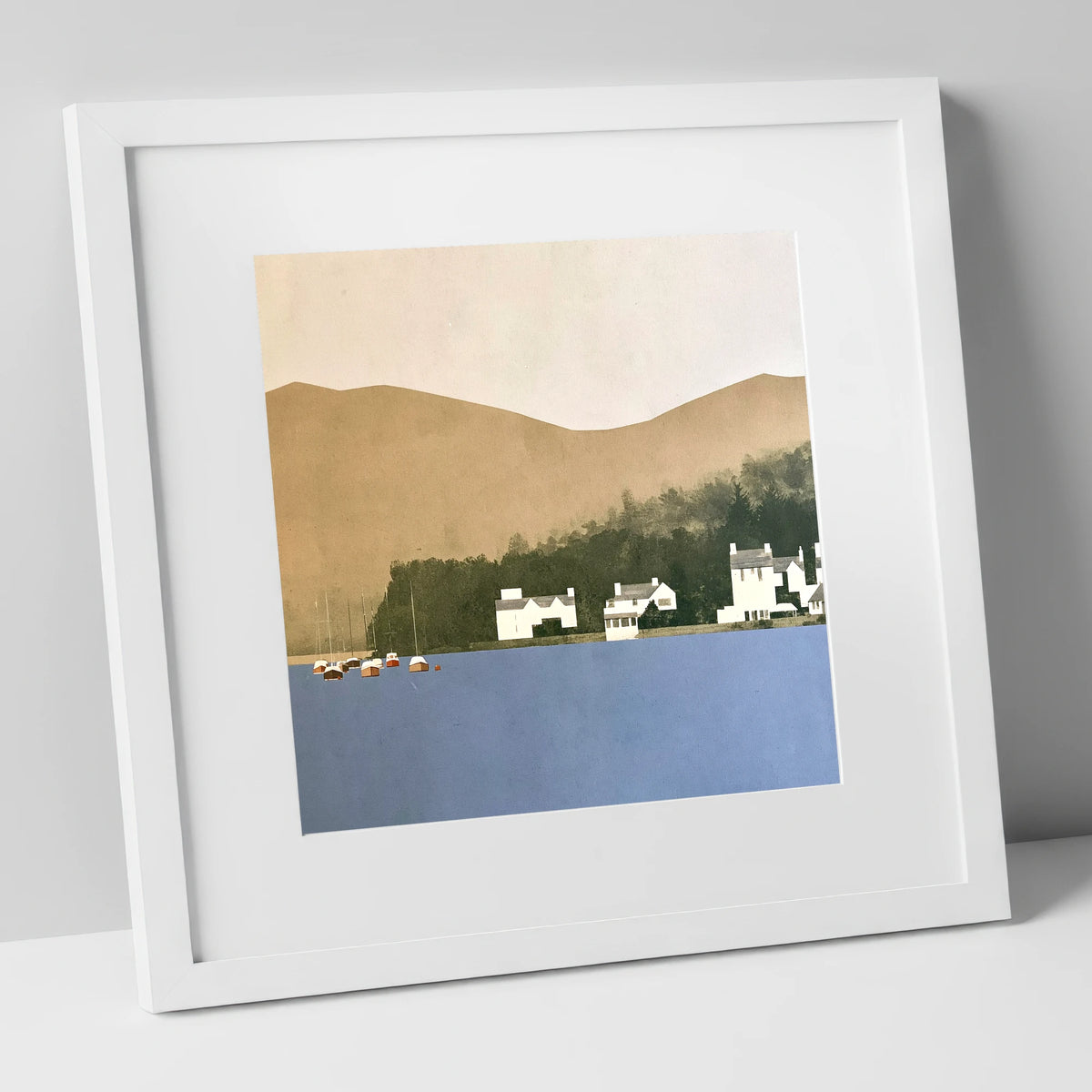 Moored Boats at Bowness Bay lake district village art print in white frame