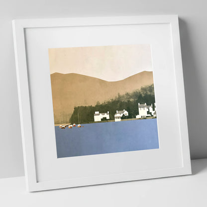 Moored Boats at Bowness Bay lake district village art print in white frame