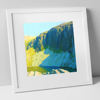 Vibrant Pavey Ark and Tarn lake district fell art print in white frame