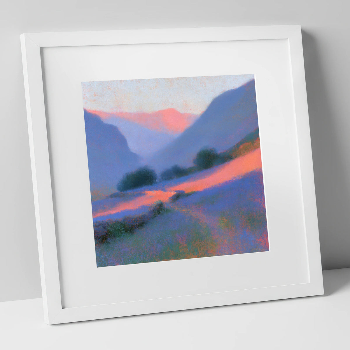 Pink Light Over Valley Drystone Wall lake district valley art print in white frame