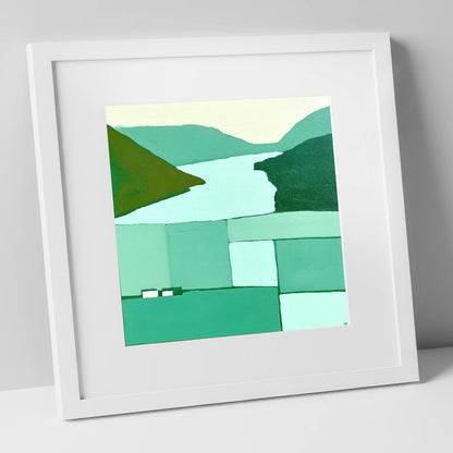 Abstract Loweswater In Mint Green lake district lake art print in white frame