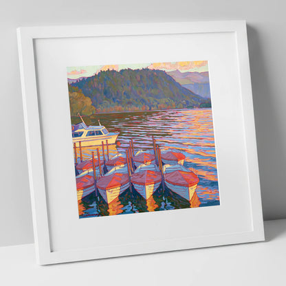 Red Covered Boats on Windermere lake district lake art print in white frame