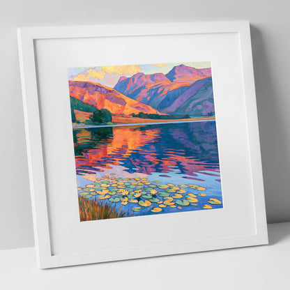 Sunset Reflections on Calm Lake lake district lake art print in white frame