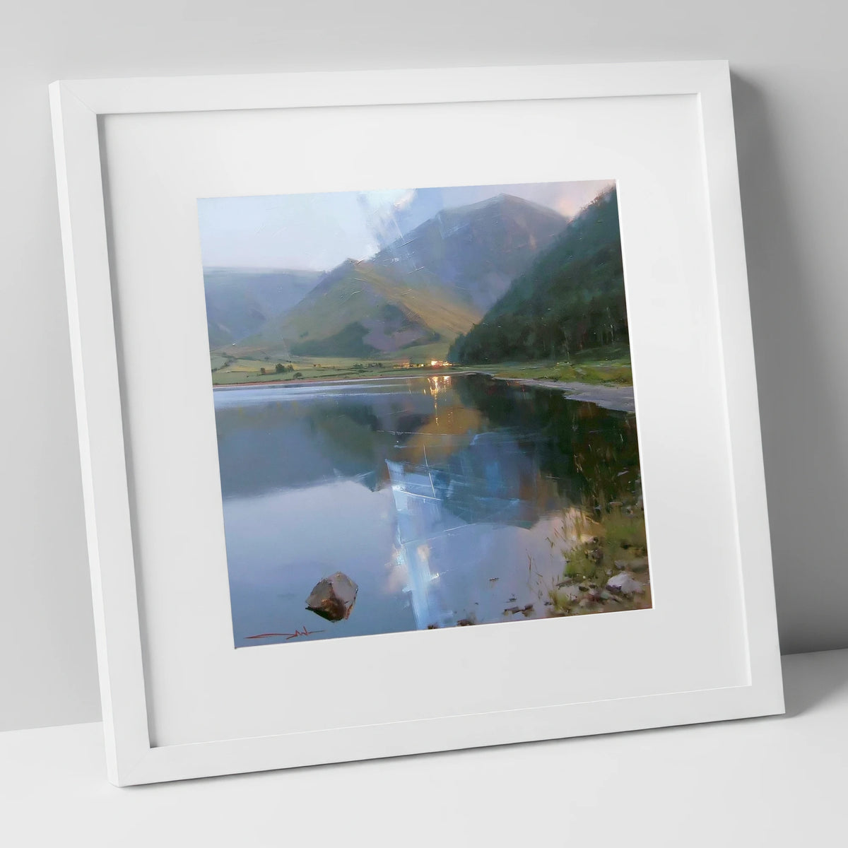 Evening Reflections on Loweswater lake district lake art print in white frame