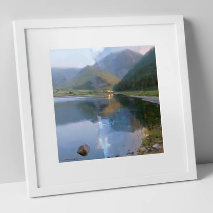 Evening Reflections on Loweswater lake district lake art print in white frame
