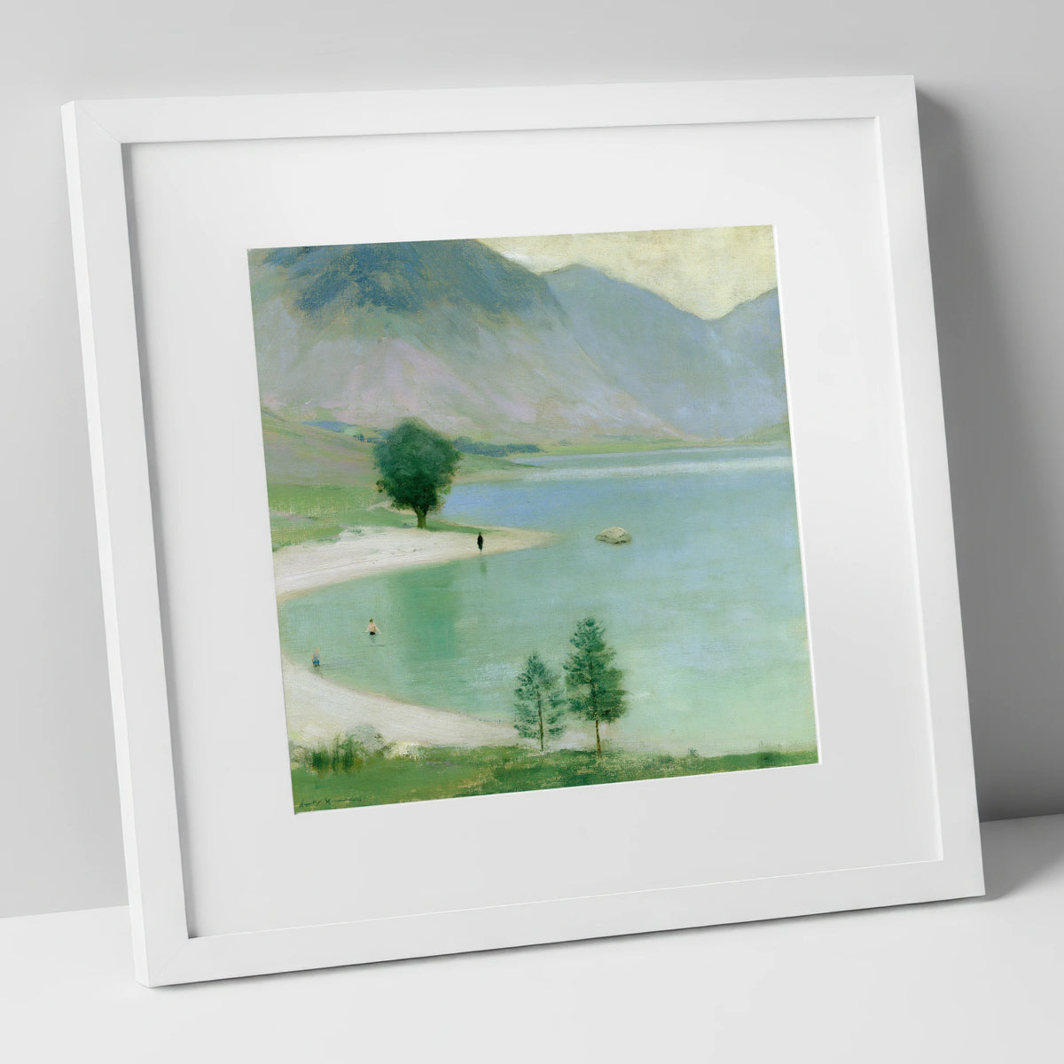 Wild Swimmers in Hazy Wastwater lake district walking art print in white frame