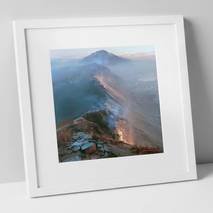 Golden Light on Mountain Ridge lake district fell art print in white frame
