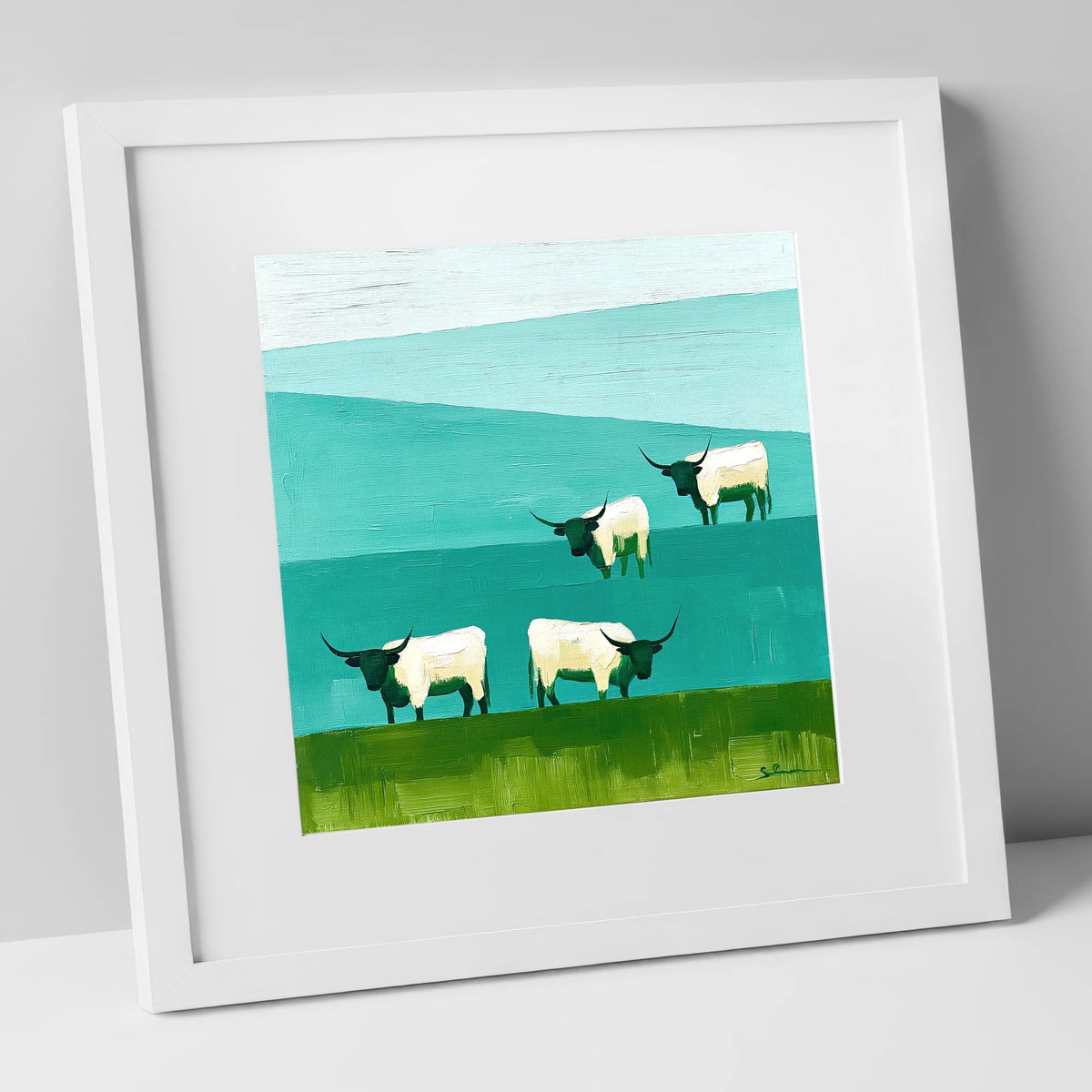 Highland Cattle Against Teal Fells lake district wildlife art print in white frame