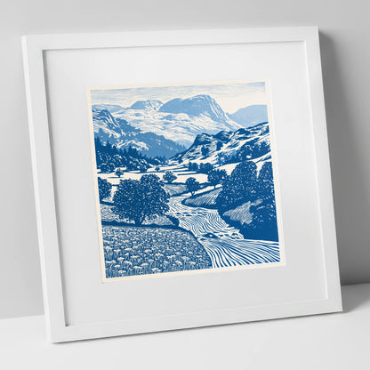 Cobalt Blue Eskdale Valley lake district valley art print in white frame