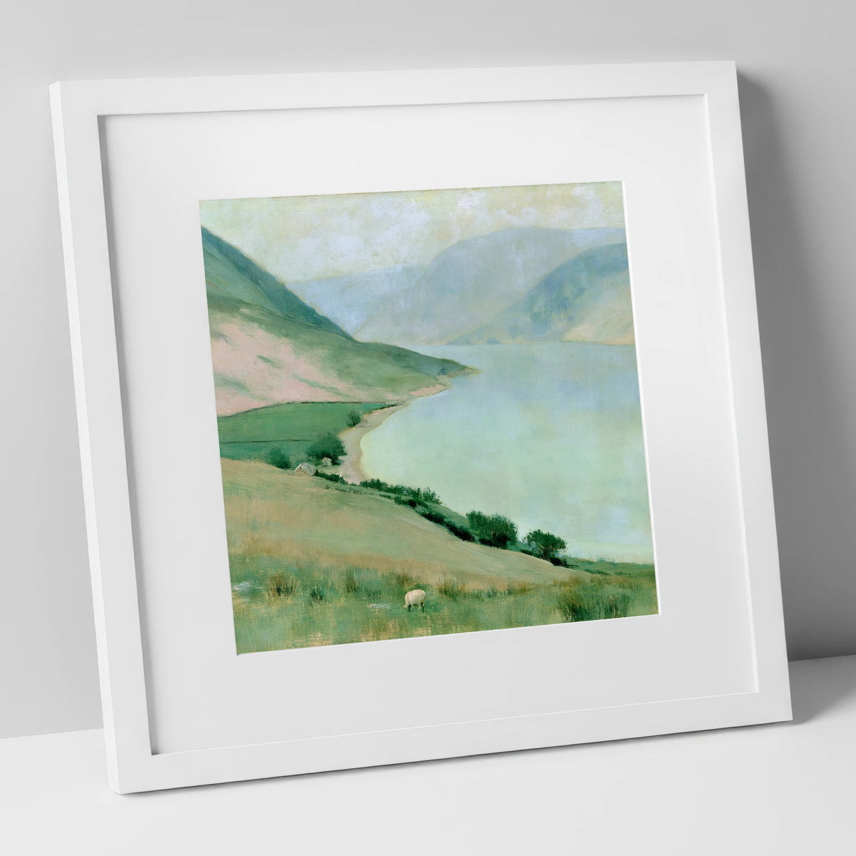 Pastel Haze over Ennerdale Water lake district valley art print in white frame
