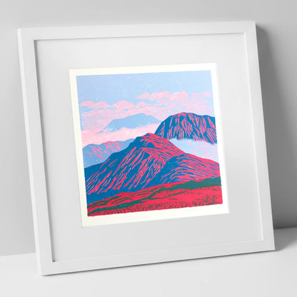 Vibrant Red Misty Mountain Ridge lake district fell art print in white frame