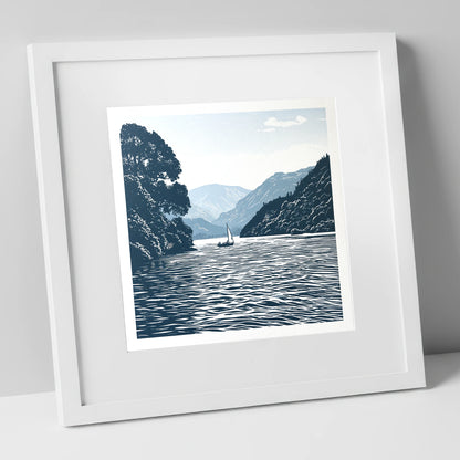 Ullswater Sailboat in Navy Blue lake district lake art print in white frame