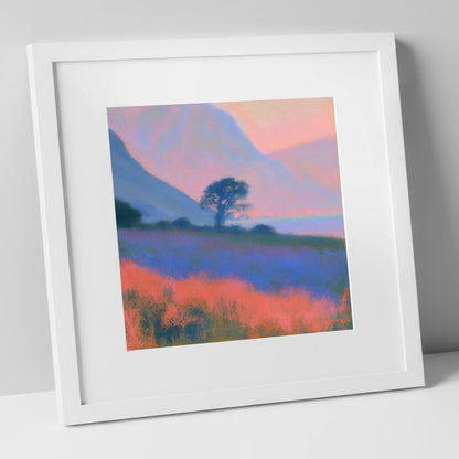 Pastel Dusk on the Fells lake district lake art print in white frame