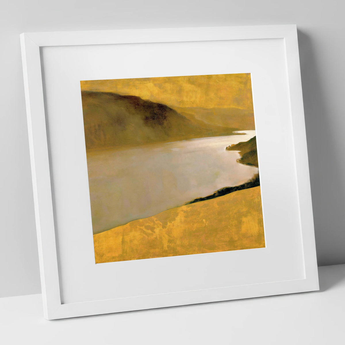 Golden Fells Above the Lake lake district lake art print in white frame