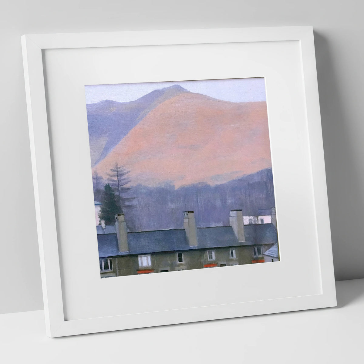 Skiddaw over Keswick at Dusk lake district village art print in white frame