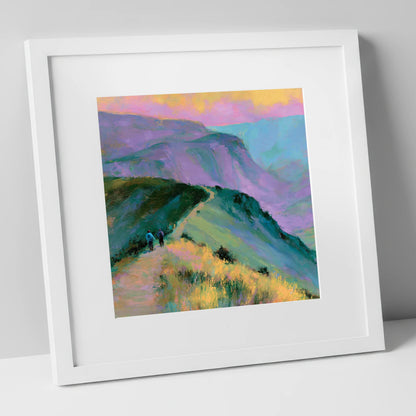 Fell Walkers in Pastel Light lake district walking art print in white frame