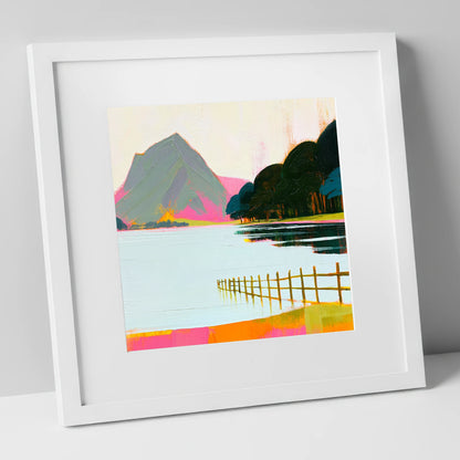 Vibrant Pink Shores Of Buttermere lake district lake art print in white frame