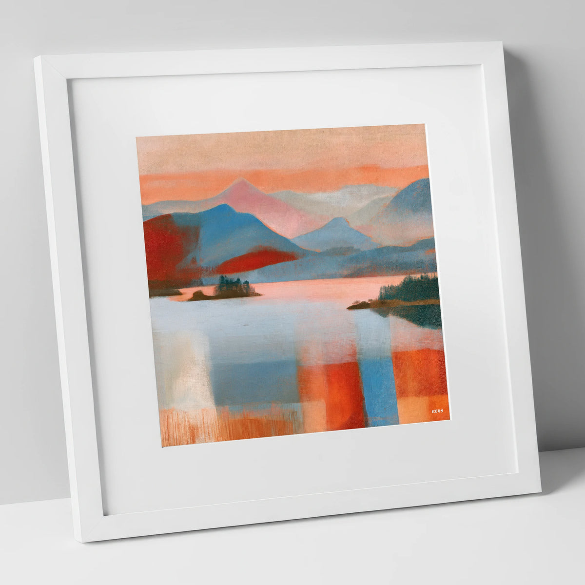 Abstract Derwentwater and Catbells Sunset lake district lake art print in white frame