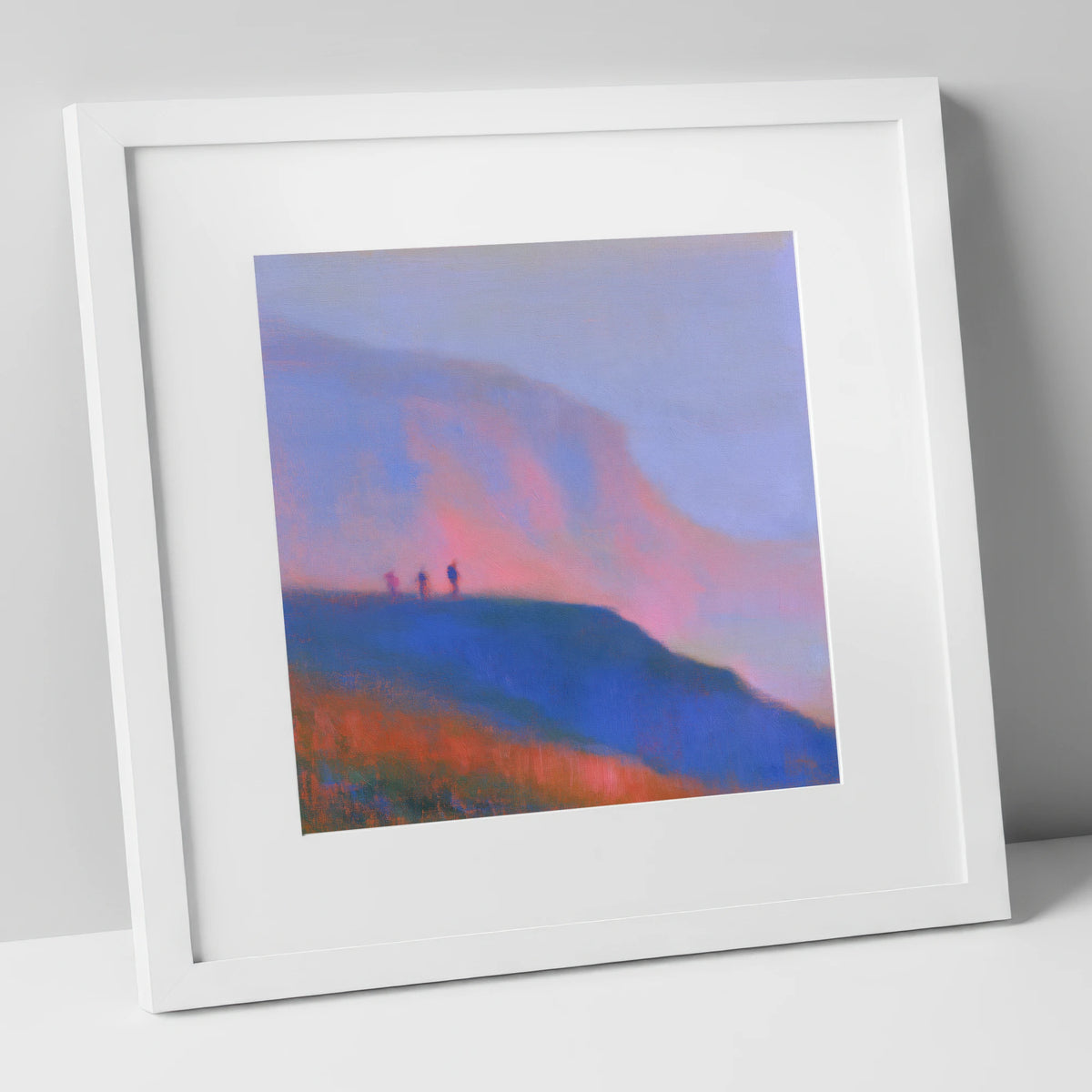 Fell Walkers in Pink Twilight lake district fell art print in white frame