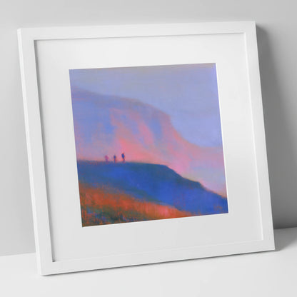 Fell Walkers in Pink Twilight lake district fell art print in white frame