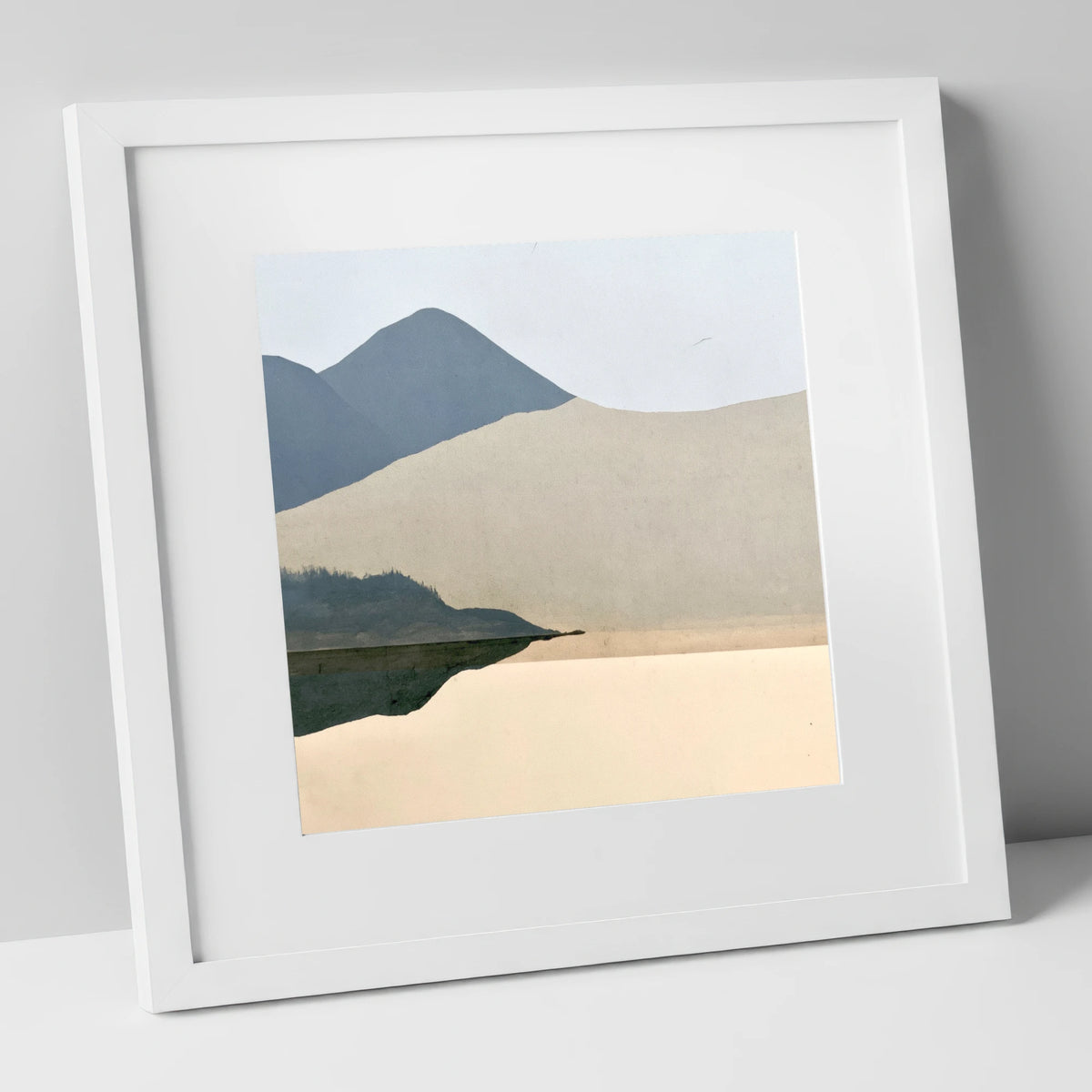 Lakeshore Reflection and Slate Blue Fells lake district lake art print in white frame
