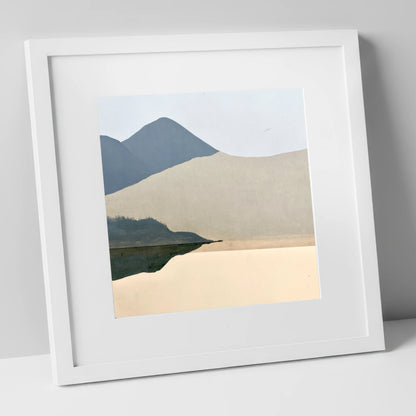 Lakeshore Reflection and Slate Blue Fells lake district lake art print in white frame