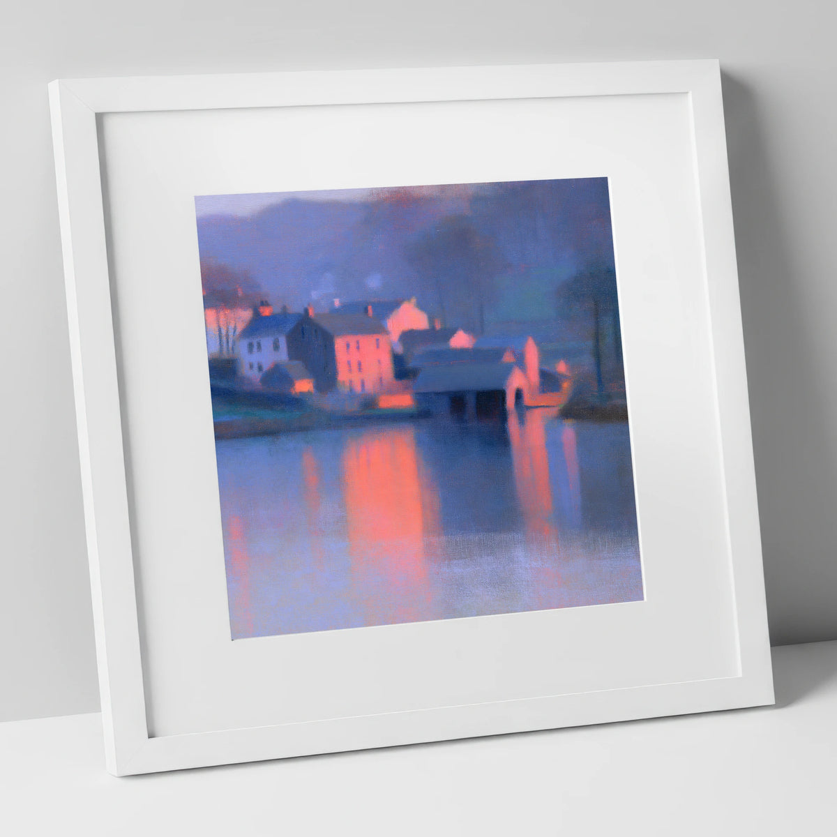 Lakeside Village in Pink Twilight lake district village art print in white frame