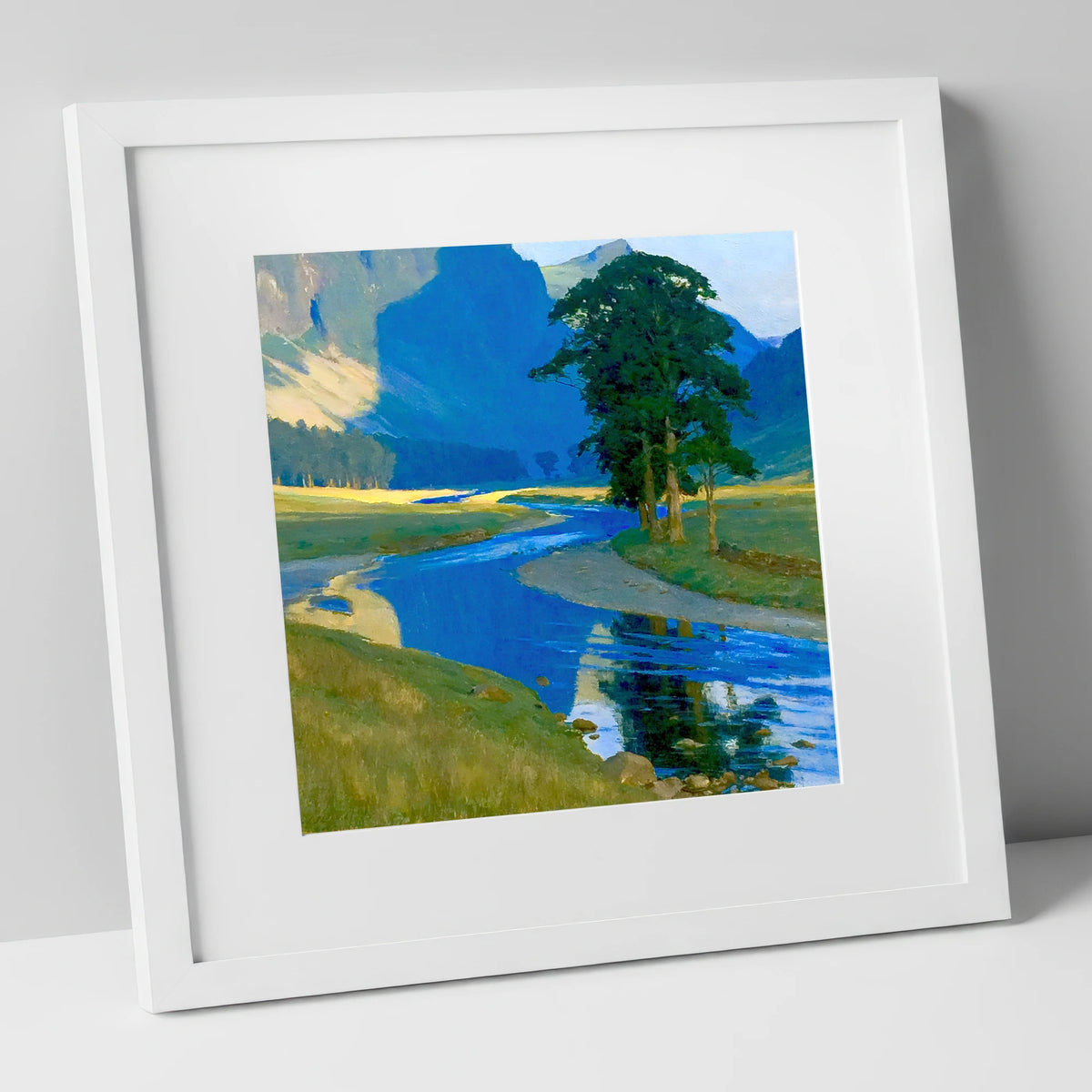 Vivid Winding Valley River lake district waterfall art print in white frame