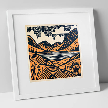 Ennerdale Water in Terracotta and Navy lake district valley art print in white frame